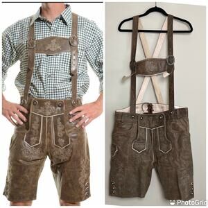Lederhosen4U Suspenders Leather Medium Brown Embroidered Oktoberfest Sz 52